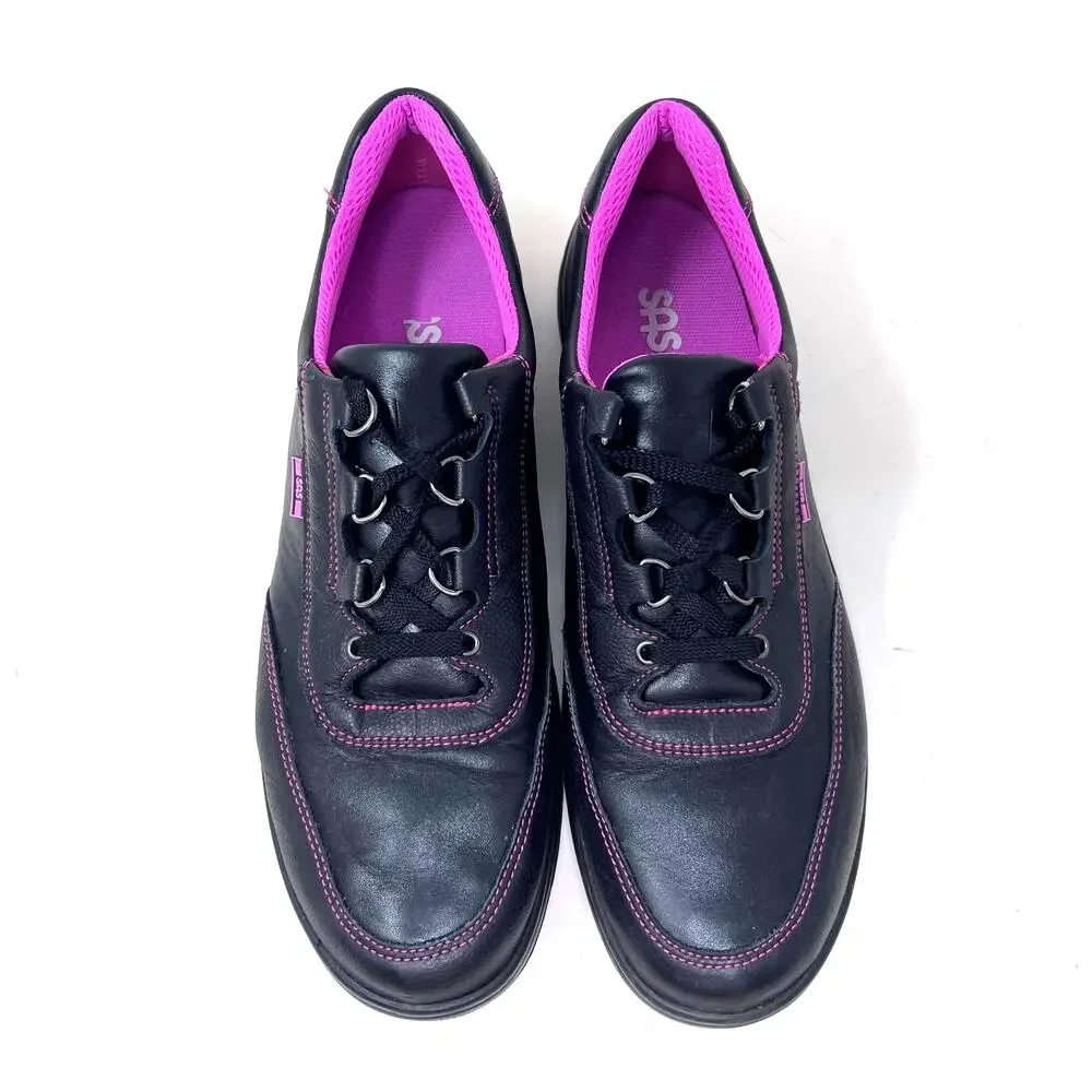 SAS Sporty Lux Sneaker Womens 11 N Black Leather Pink Trim Lace Up Comfort - Picture 3 of 9